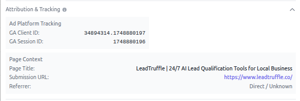 Lead attribution and tracking data in LeadTruffle