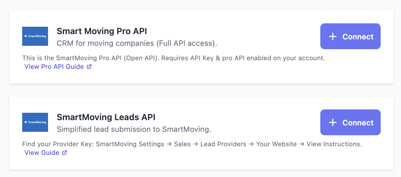 SmartMoving Integration Setup Screenshot