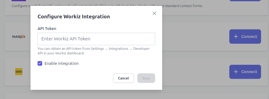 Workiz Integration Setup Screenshot