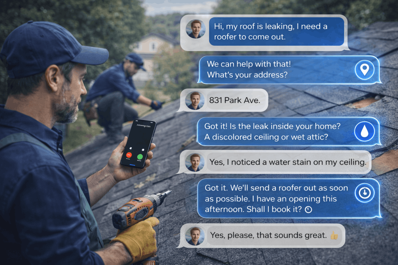 AI answering service qualifying a roofing lead