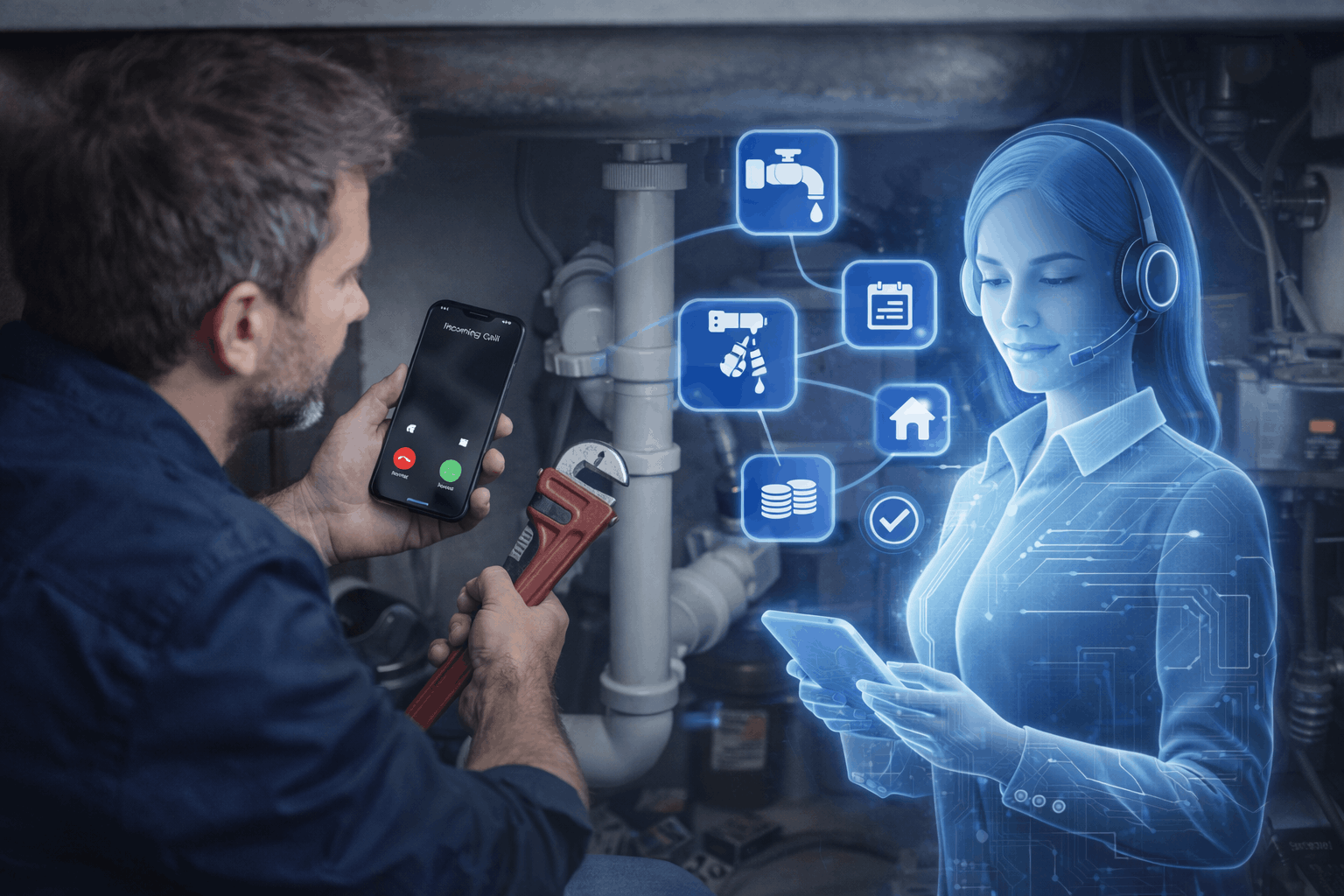 AI answering service qualifying a plumbing lead