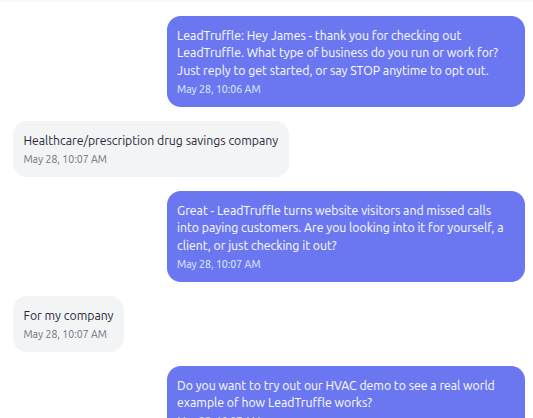 Example AI SMS conversation with a lead