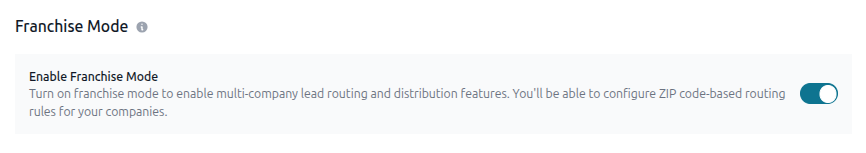 Franchise mode toggle in agency portal settings