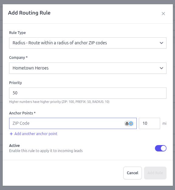 Setting up zip code to company mappings
