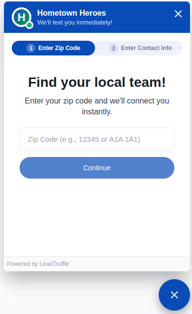 Lead routing widget with zip code entry